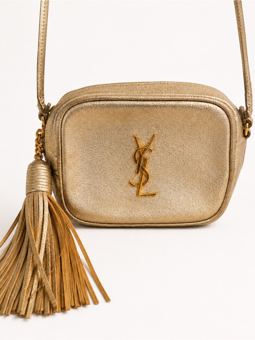 Saint Laurent YSL Mini Blogger Metallic Gold Leather Tassel Crossbody Bag